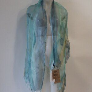 NWT Womens Fleurs Oversized Blue, Gold Silk Striped Scarf